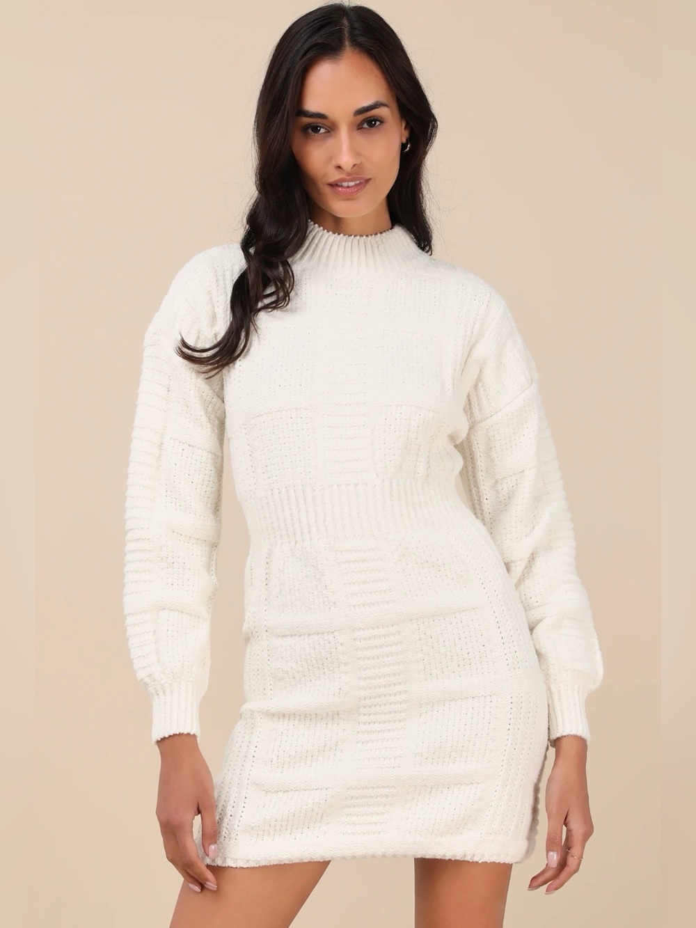 Lulus Patchwork It Cream Cable Knit Cutout Sweater Dress EUC